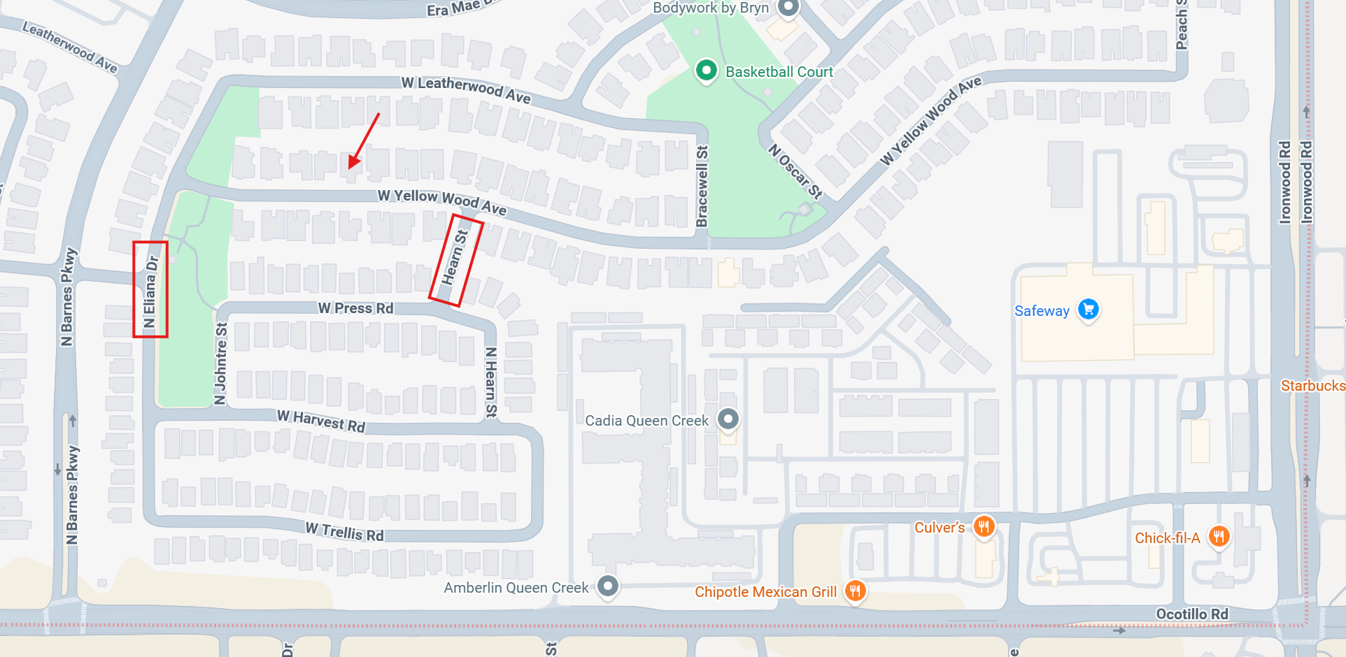 Street map showing 758 W Yellow Wood Ave with recommended parking on Hearn St and N Eliana Dr